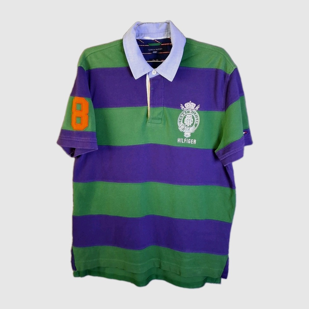 Tommy Hilfiger Slim Fit Men's Large Rugby Polo #8 Navy Green Embroidered